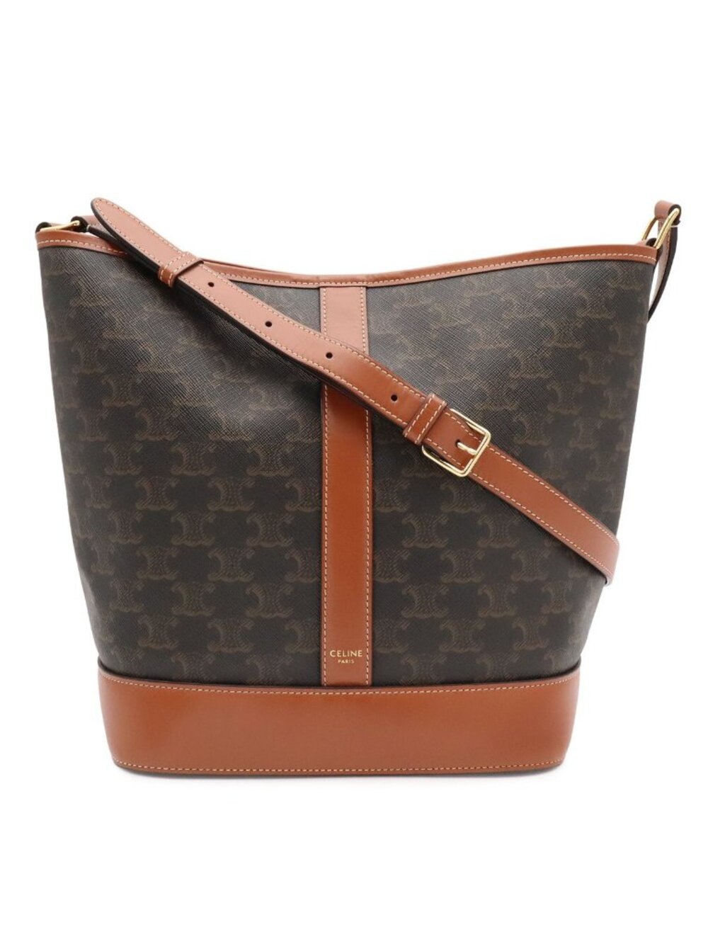 Celine Triomphe Medium Bucket Shoulder Bag Crossbody Canvas Calfskin Tan Brown
